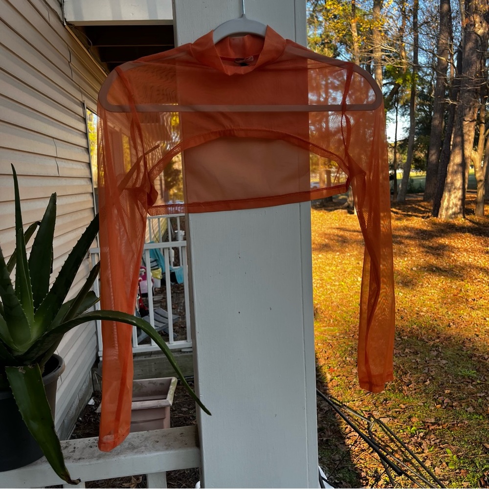 High Neck Neon Orange Mesh Crop Top